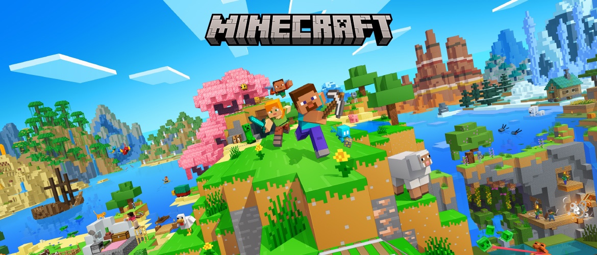 Minecraft promotional artwork showing Steve and Alex running across a grassy Overworld biome. A cherry blossom tree, sheep, creeper, and other mobs appear around them beneath the Minecraft logo.