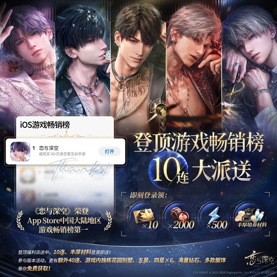 10连福利大派送 恋与深空ios游戏畅销榜登顶