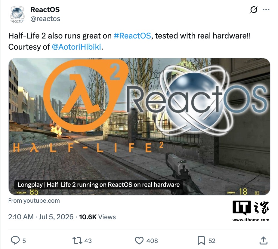 继初代后再接再厉：V社经典作品《半衰期 2》Windows 版成功在开源 ReactOS 系统上运行 