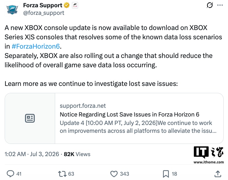 《极限竞速：地平线 6》Update 4 补丁上线，修复 Xbox Series X｜S 版游戏存档损坏问题 